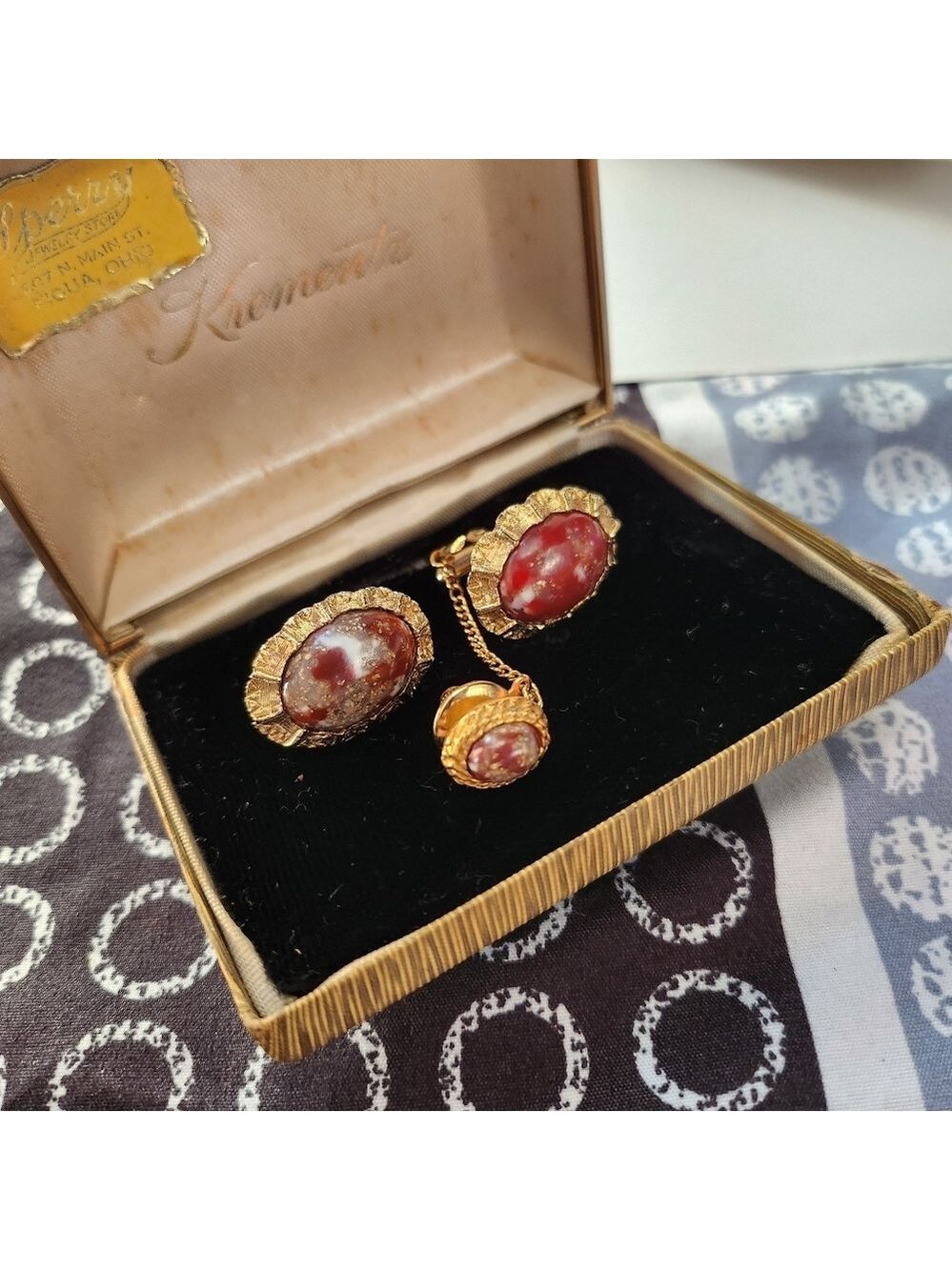 Vintage1940s Krementz Jasper red stones cufflinks set vintage #08